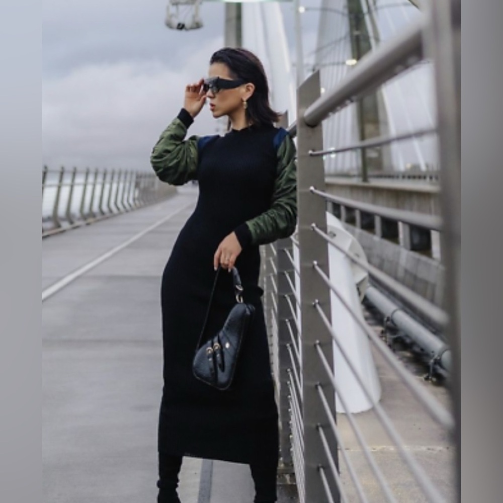 NWT Zara black midi knit sweater dress w contrast nylon puffed bomber sleeves S